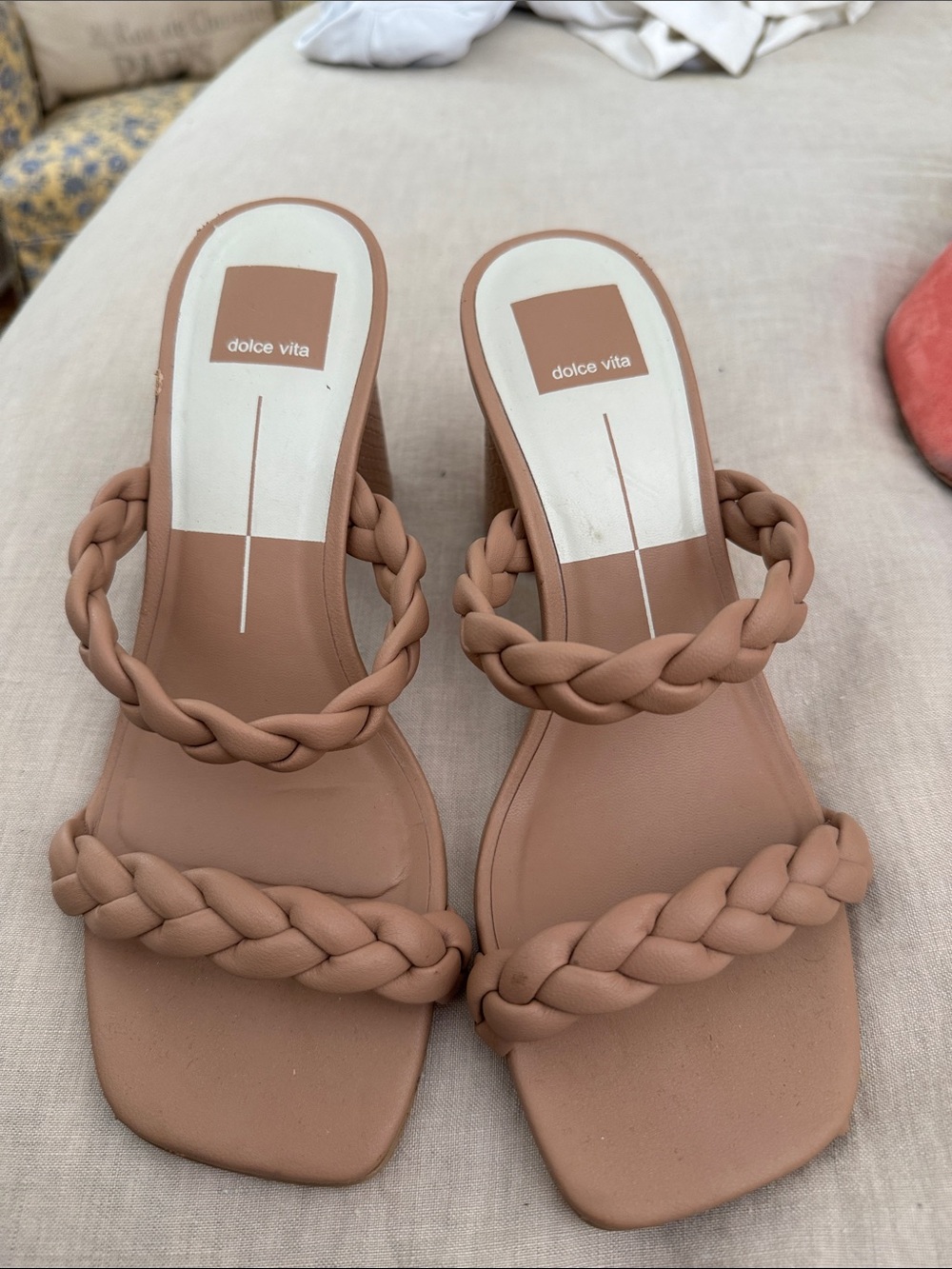 Dolce Vita Braided Two-Strap Heeled Slides in Taupe